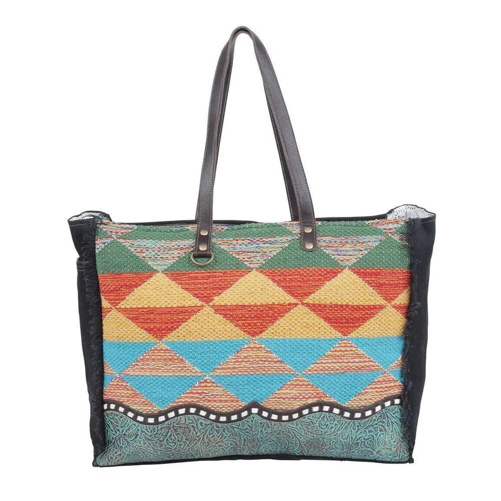 Myra Bag Handmade Jazz Weekender Bag Upcycled Canvas & Cowhide Leather